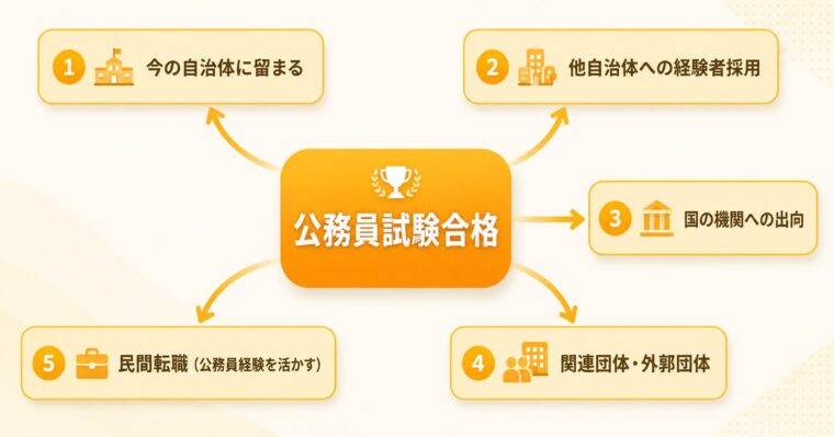 公務員試験合格後の5つのキャリア選択肢(今の自治体に留まる/他自治体への経験者採用/国の機関への出向/関連団体・外郭団体/民間転職)